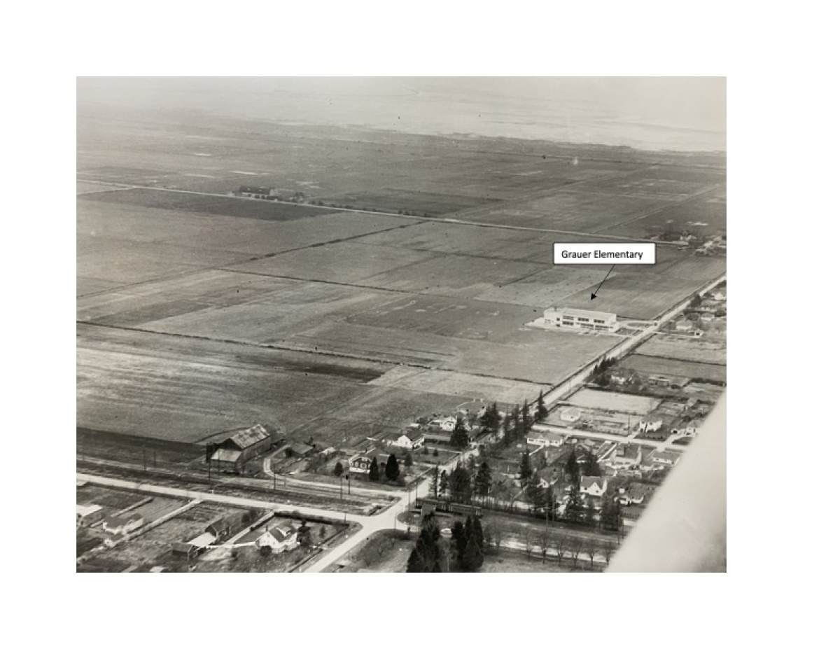 Ariel View of Grauer Elementary and surrounding area from Blundell and Railway looking west in 1954